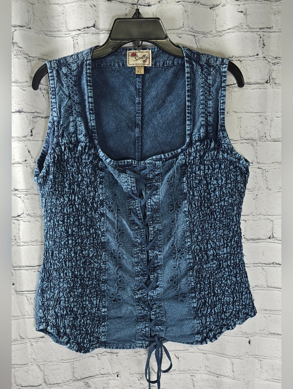 Scully Women's Western Indigo Denim Lace-Up Smocked Tank Size XL